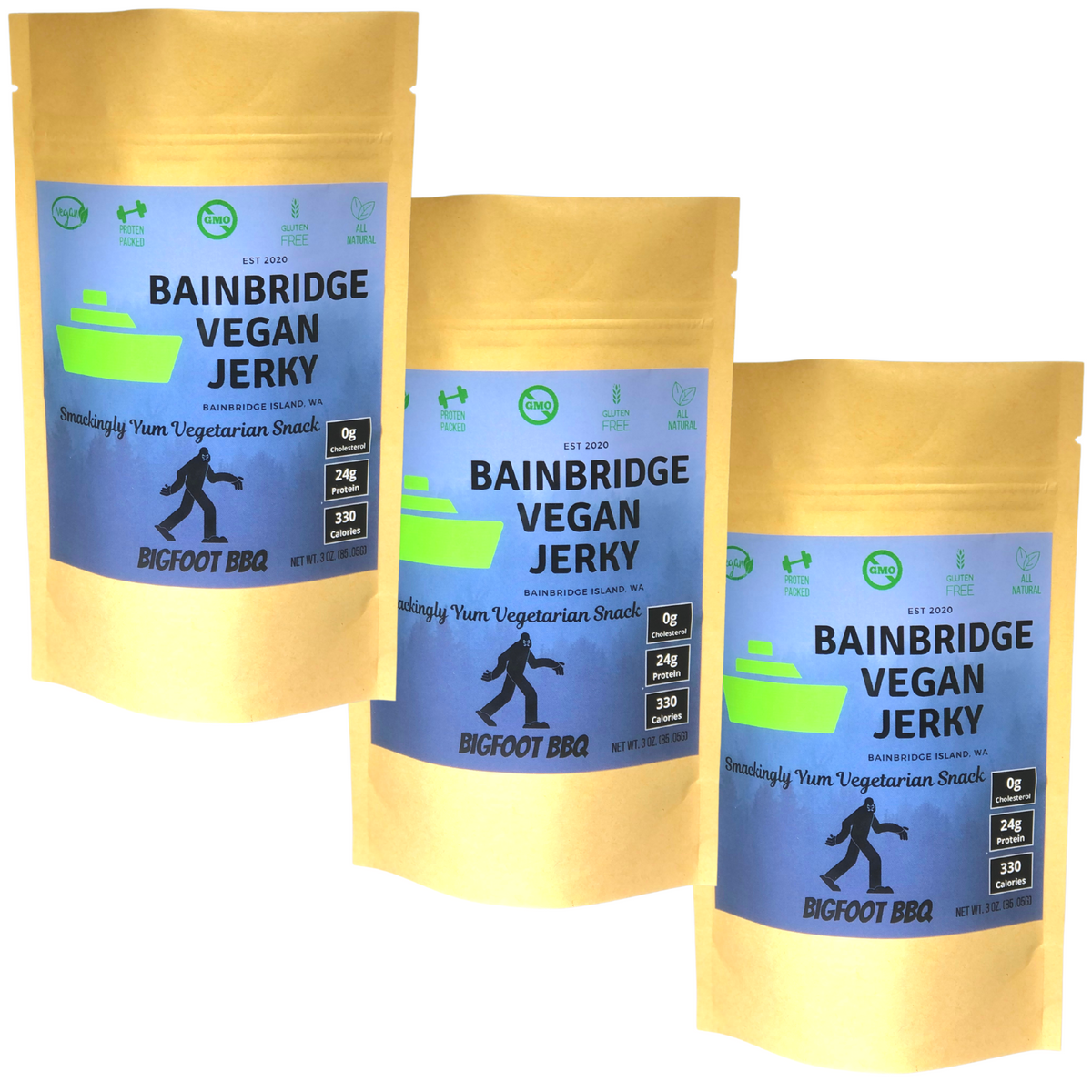 Bainbridge Vegan Jerky Bigfoot BBQ Vegan Beef Jerky, 3 oz (Pack of 3
