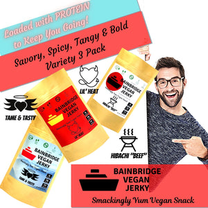 Bainbridge Vegan Jerky – Variety Pack: Tame & Tasty, Lil' Heat, Hibachi "Beef" Vegan Beef Jerky, 3 oz (Pack of 3)