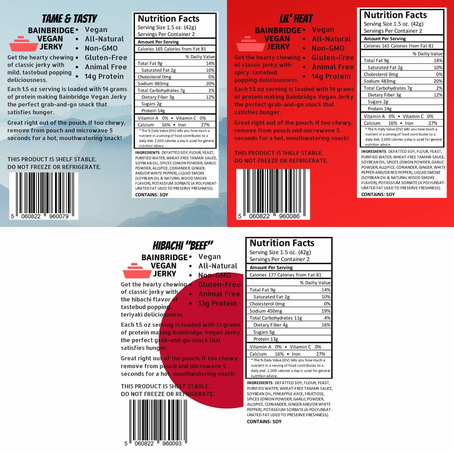 Bainbridge Vegan Jerky – Variety Pack: Tame & Tasty, Lil' Heat, Hibachi "Beef" Vegan Beef Jerky, 3 oz (Pack of 3)