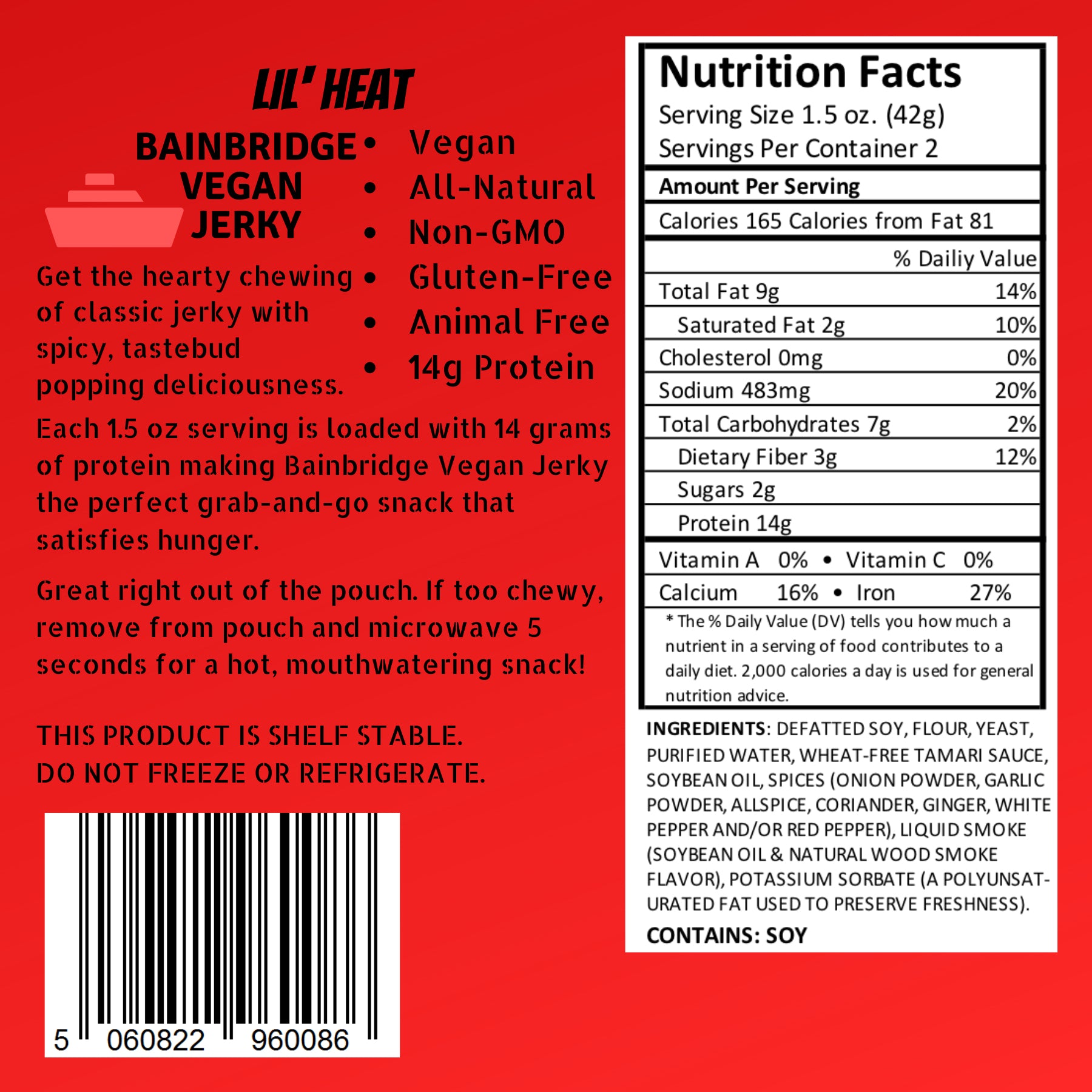 Bainbridge Vegan Jerky - Lil' Heat Vegan Beef Jerky, 3 oz (1 Pack)